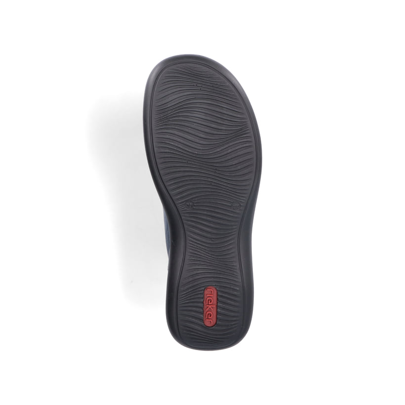 Blaue Rieker Damen Slipper 46369-12 mit Gummizug sowie extra weicher Decksohle. Schuh Laufsohle.