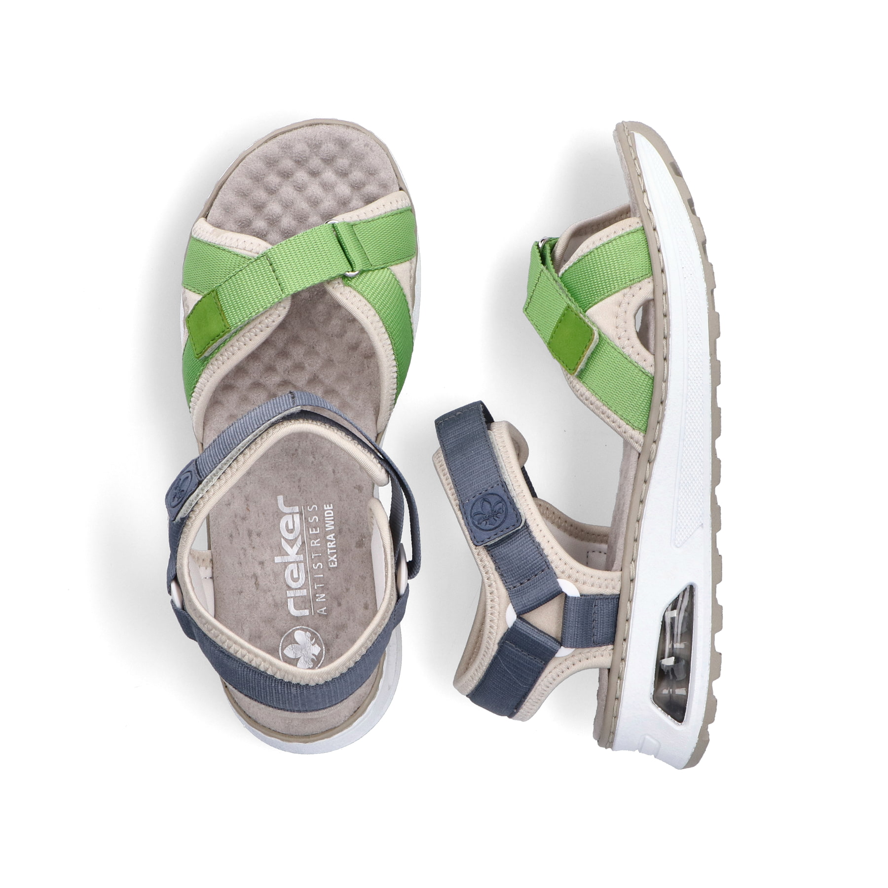Mehrfarbige Rieker Damen Trekkingsandalen 65660-90 mit Rieker Air Sohlenfenster. Schuh von oben, liegend.