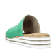 Grasgrüne Rieker Damen Pantoletten V0673-52 mit Ziernähten. Schuh von hinten.