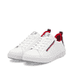 Weiße Rieker Damen Sneaker Low 41906-80 mit Reißverschluss sowie flexibler Sohle. Schuhpaar seitlich schräg.