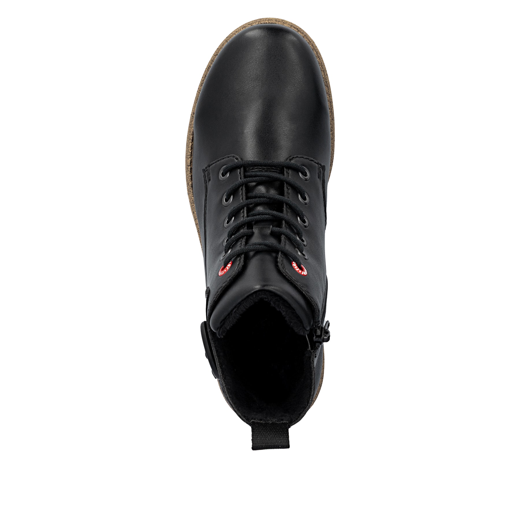 Schwarze Rieker Damen Schnürstiefel 73520-00 mit Deko-Schnalle. Schuh von oben.