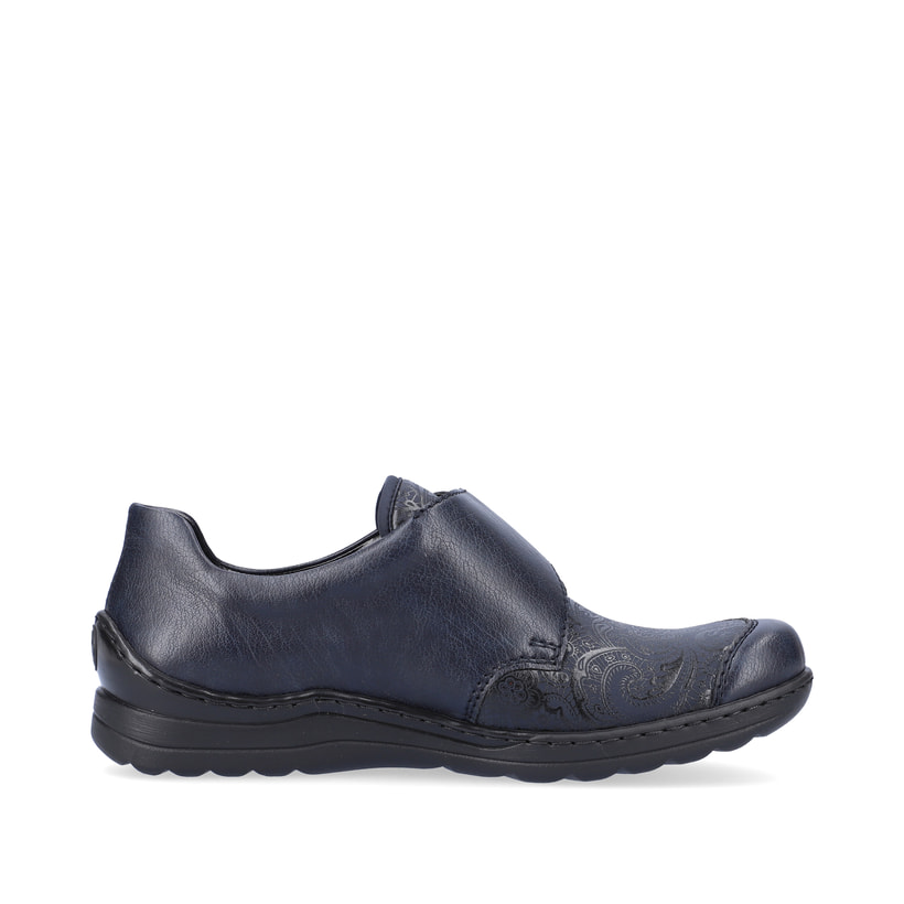 Mocassins Rieker bleus pour femmes 48951-14 avec fermeture velcro. Côté intérieur de la chaussure.
