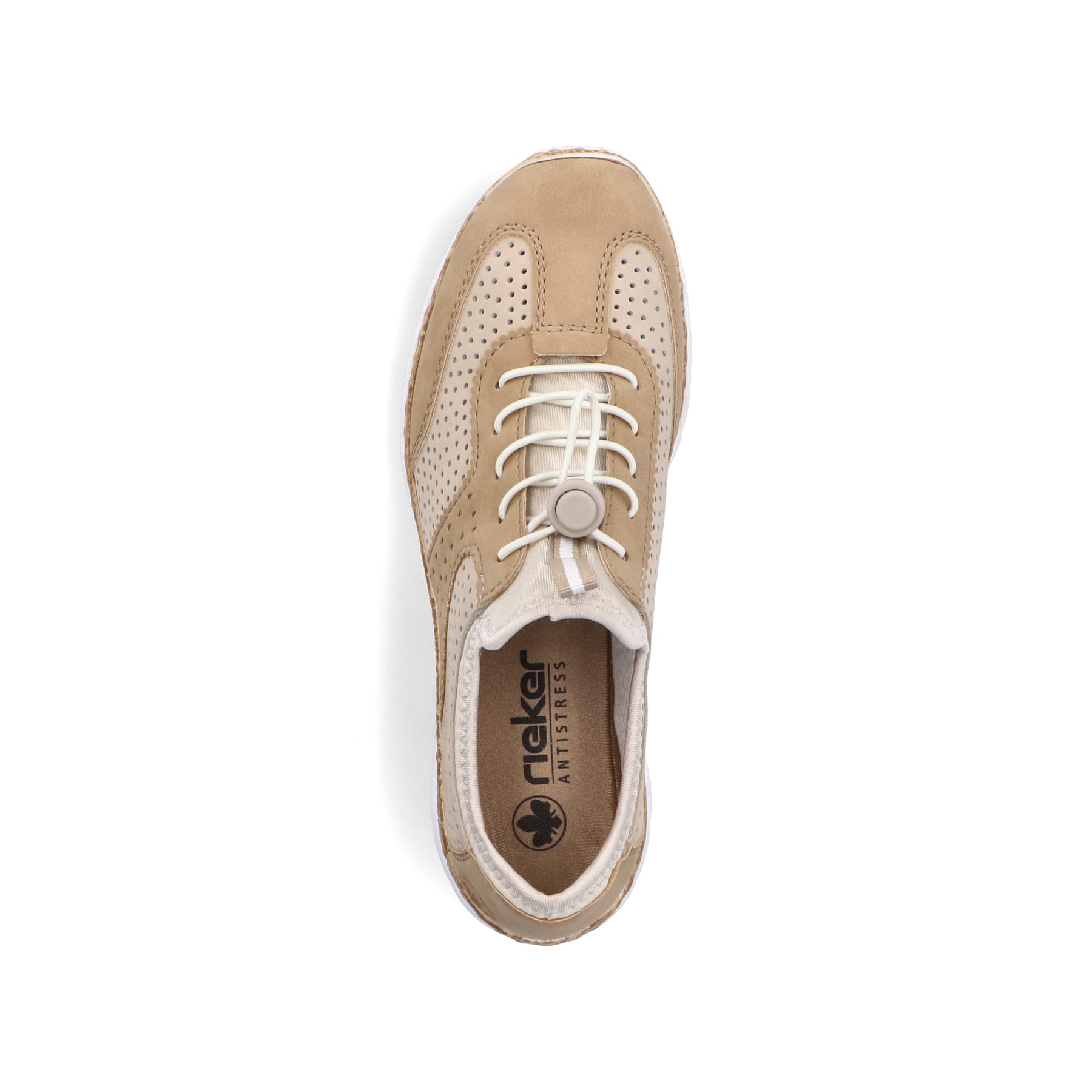 Beige Rieker Damen Slipper N4245-60 mit einem Gummizug. Schuh von oben.