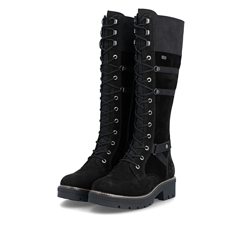 Schwarze Rieker Damen Hochschaftstiefel Y8101-00 aus Rauleder. Schuhpaar seitlich schräg.