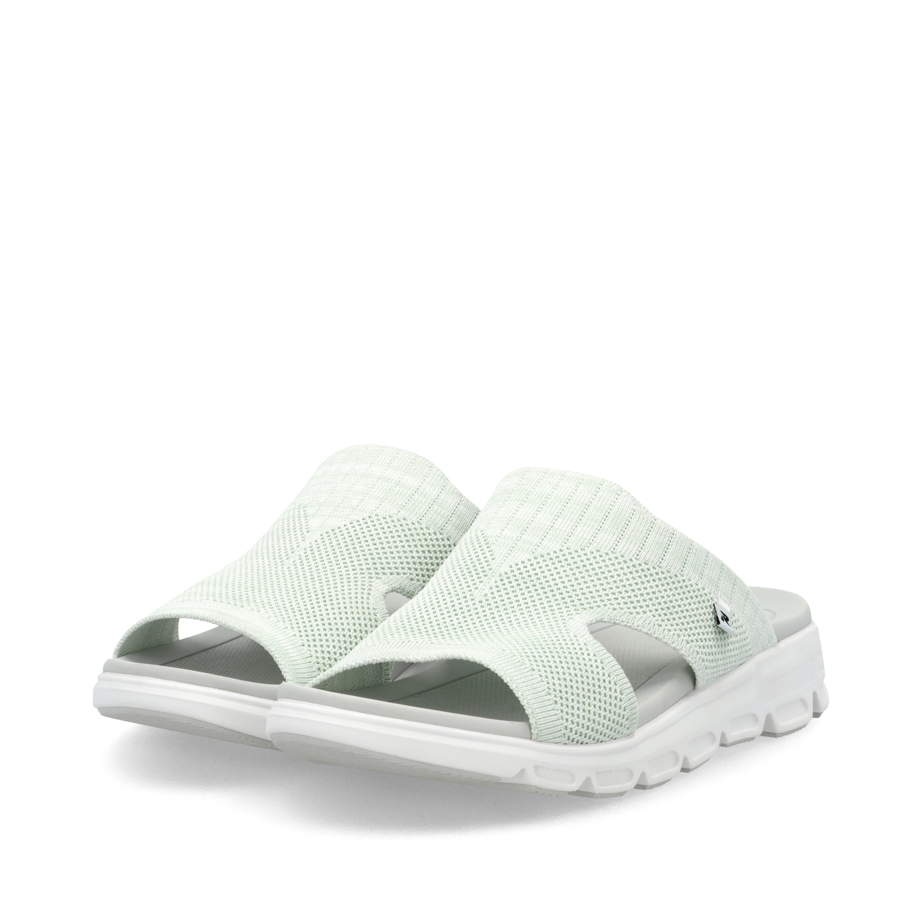 Rosane waschbare Rieker Damen Pantoletten V8451-53 mit einem Gummizug. Schuhpaar seitlich schräg.