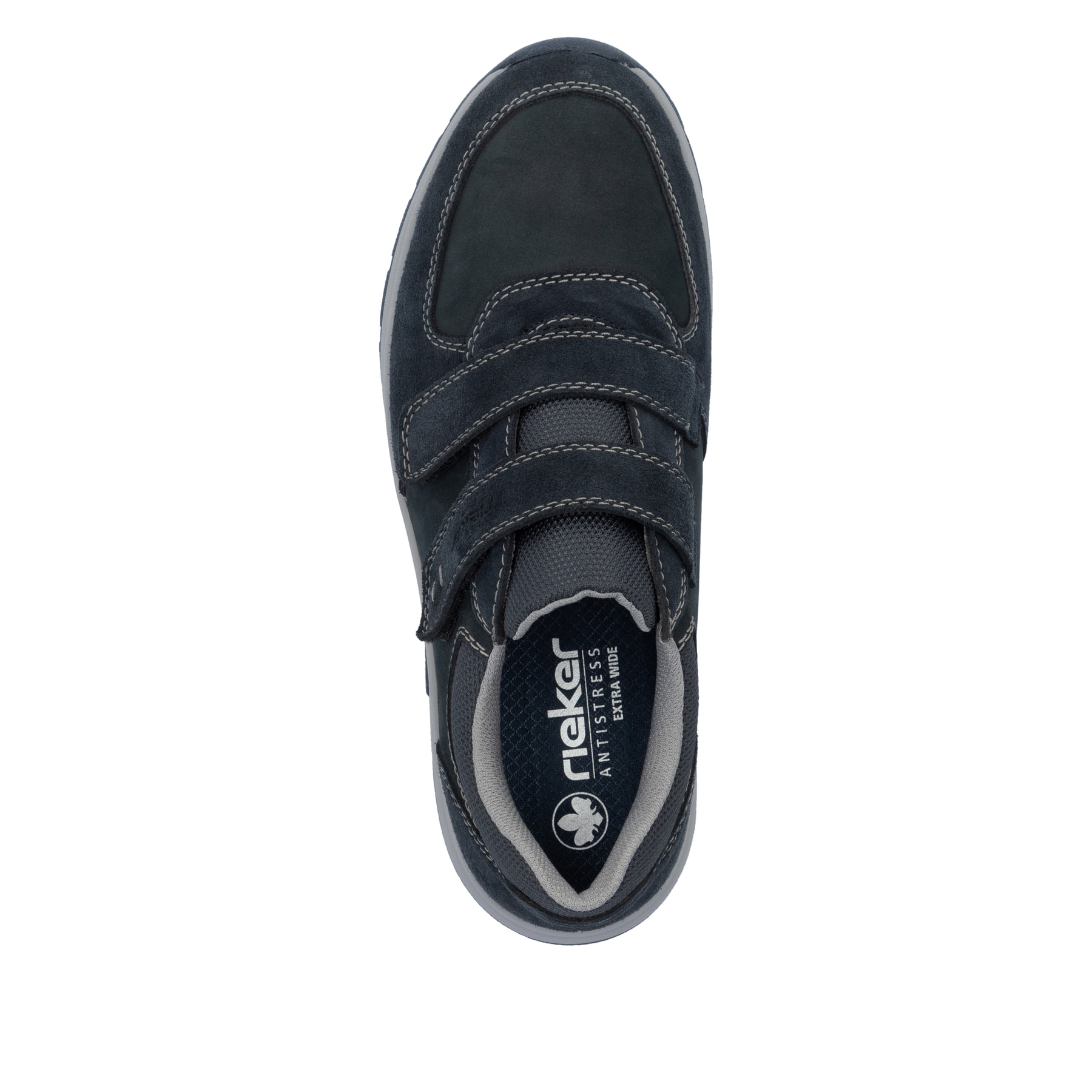 Mocassins Rieker bleus homme 11051-14 en cuir suédé avec fermeture velcro. Semelle extérieure de la chaussure.