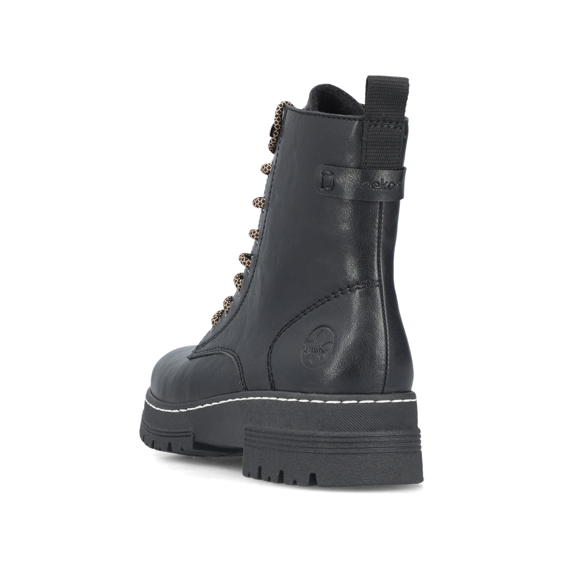 Schwarze Rieker Damen Biker Boots 73850-00 mit einem Reißverschluss. Schuh von hinten.