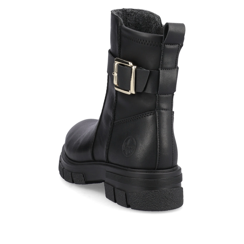 Schwarze Rieker Damen Kurzstiefel Z9174-00 mit Zierschnalle sowie Reißverschluss. Schuh von hinten.