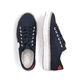 Blaue Rieker Damen Sneaker Low M2926-14 mit Schnürung sowie weißem Logo. Schuh von oben, liegend.