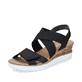 Schwarze Rieker Keilsandaletten V38G8-00 mit Elastikeinsatz sowie leichter Sohle. Schuh seitlich schräg.