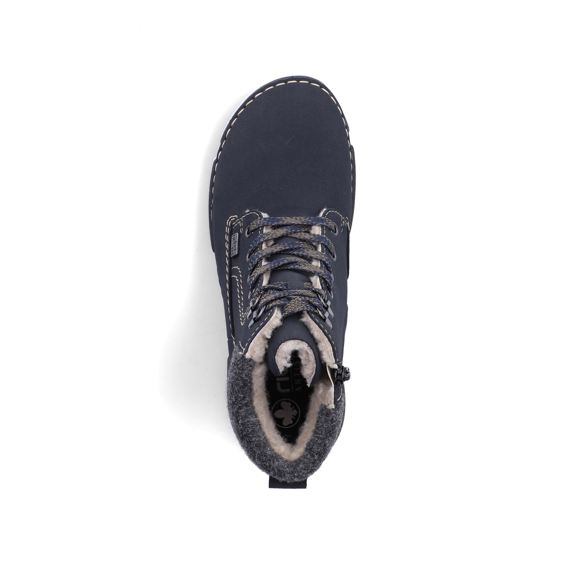 Dunkelblaue Rieker Damen Schnürstiefel 45925-14 mit einem Reißverschluss. Schuh von oben.