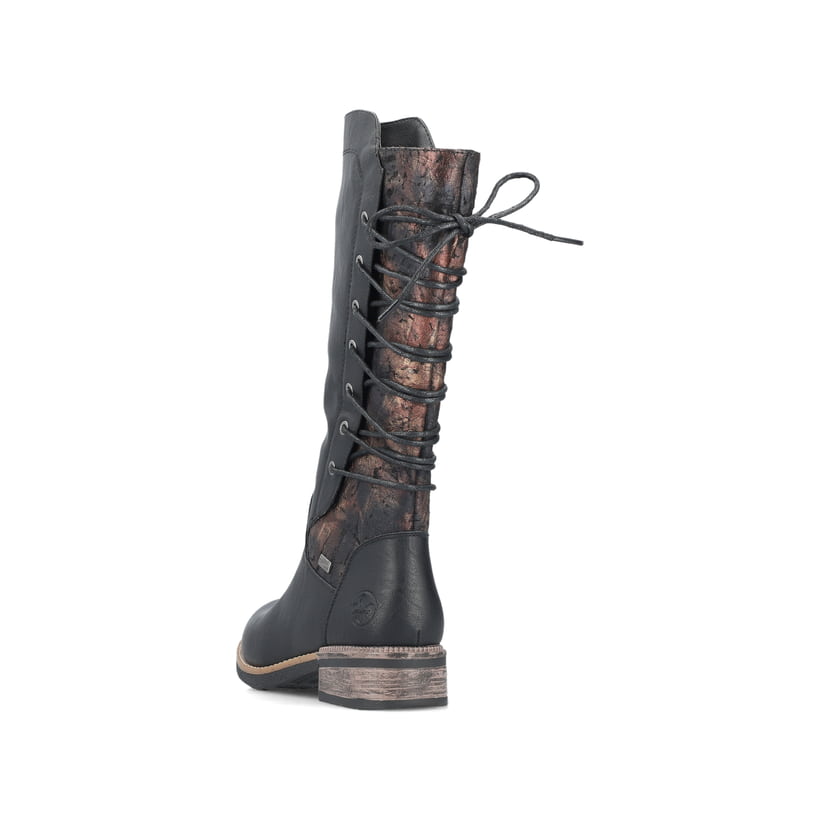 Schwarze Rieker Damen Hochschaftstiefel 94693-00 mit einem Reißverschluss. Schuh von hinten.