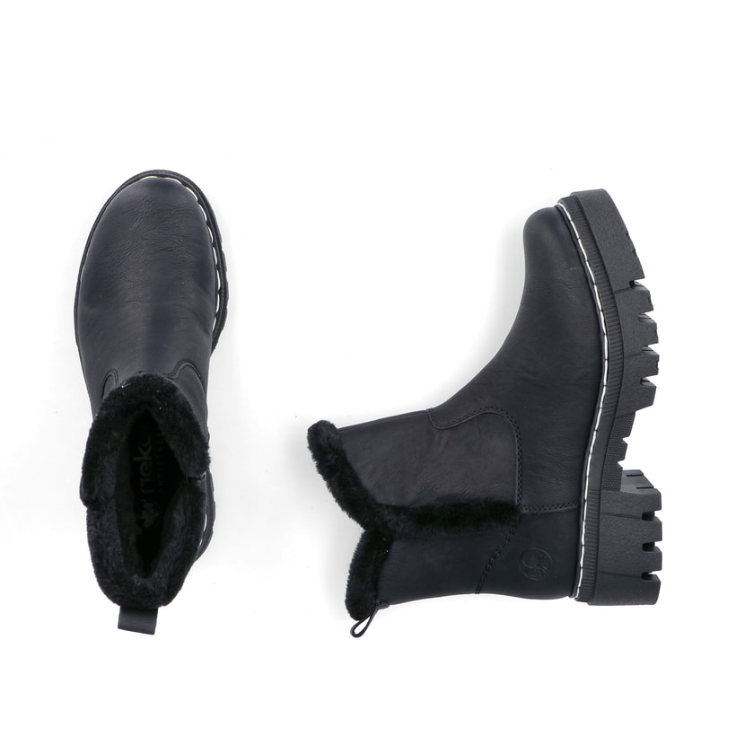 Schwarze Rieker Damen Chelsea Boots 74082-00 mit Fellschaftrand. Schuh von oben, liegend.
