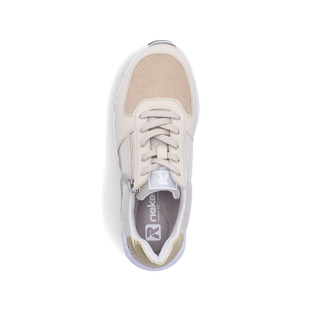 Beige Rieker Damen Sneaker Low 53101-60 mit Reißverschluss sowie Extraweite H. Schuh von oben.