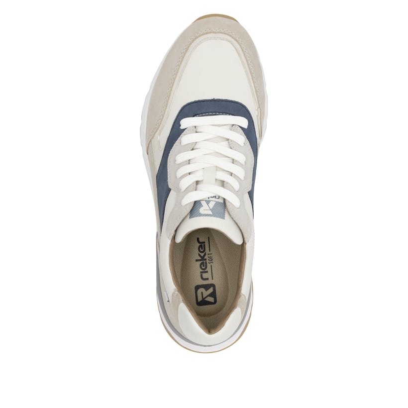 Beige Rieker Herren Sneaker Low U0906-81 mit Schnürung sowie flexibler Sohle. Schuh von oben.