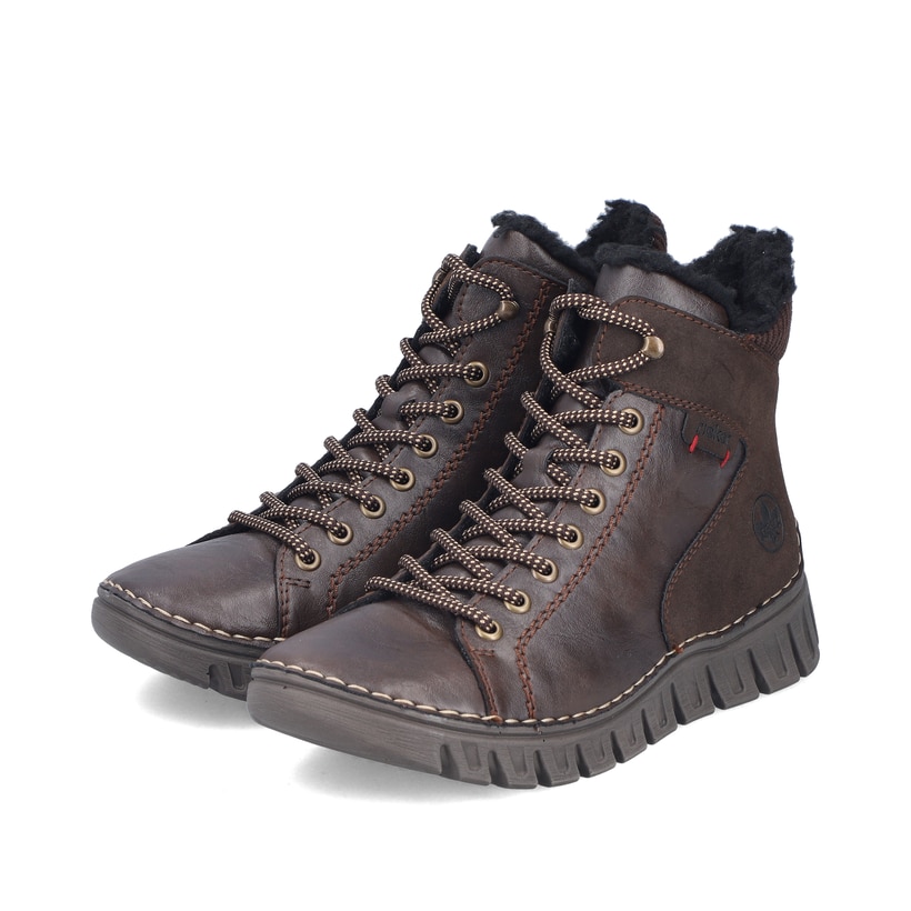 Dunkelbraune Rieker Damen Schnürstiefel 57512-25 mit einem Reißverschluss. Schuhpaar seitlich schräg.