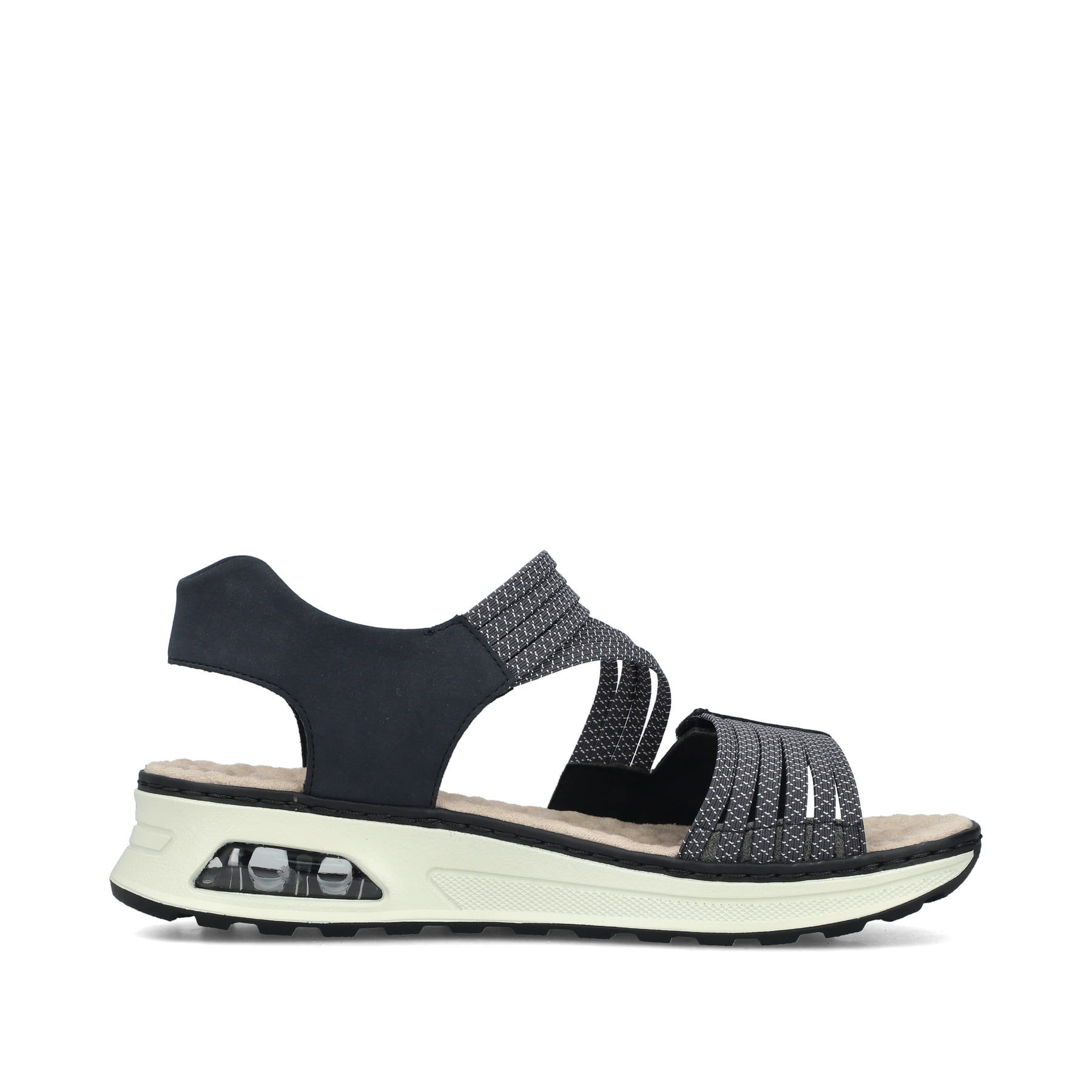 Blaue Rieker Keilsandaletten 65671-14 mit Rieker Air Sohlenfenster. Schuh Innenseite.