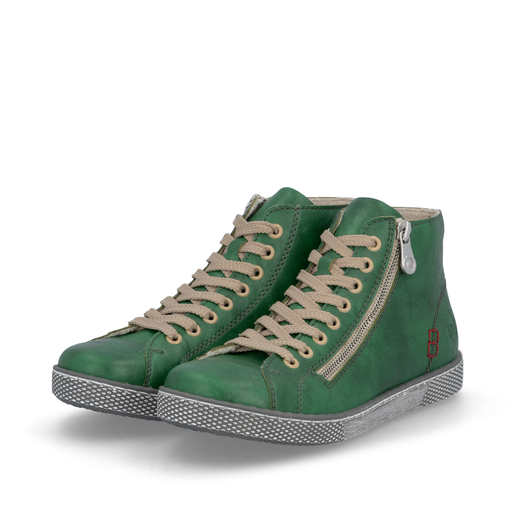Hellgrüne Rieker Damen Schnürstiefel Z1221-53 mit schwarzen Nähten. Schuhpaar seitlich schräg.