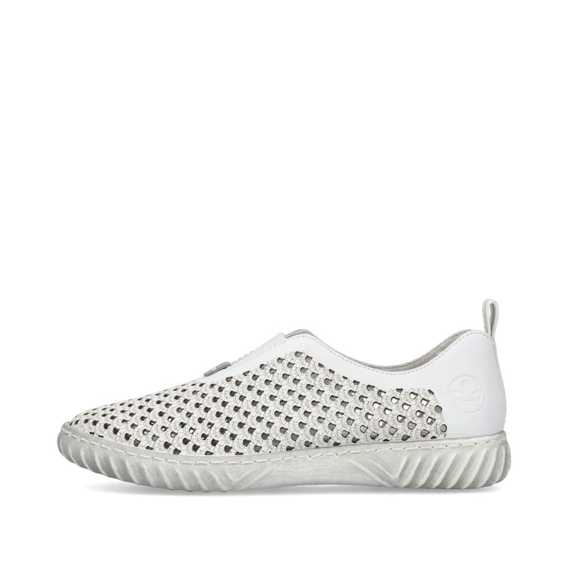 Chaussons Rieker blancs pour femme N0965-80 en optique Ã  trous. Côté extérieur de la chaussure.