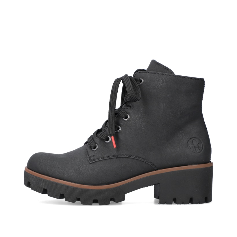 Graphitschwarze Rieker Damen Schnürstiefel 79240-00 mit Schnürung und Reißverschluss. Schuh Außenseite