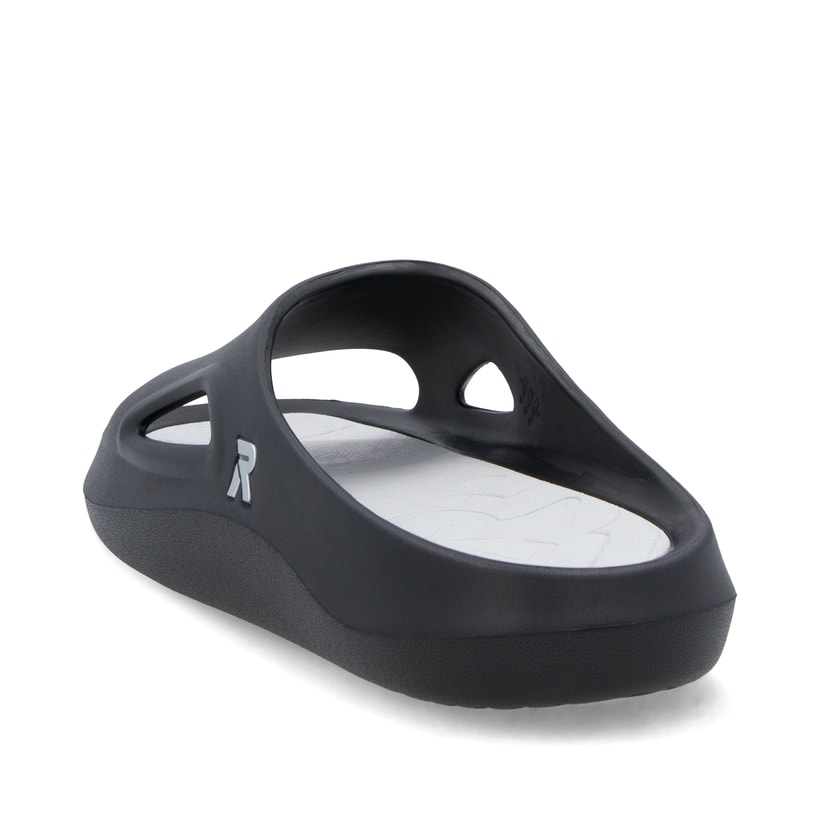 Schwarze Rieker Herren Pantoletten U3450-00 mit einer ultraleichten Sohle. Schuh von hinten.