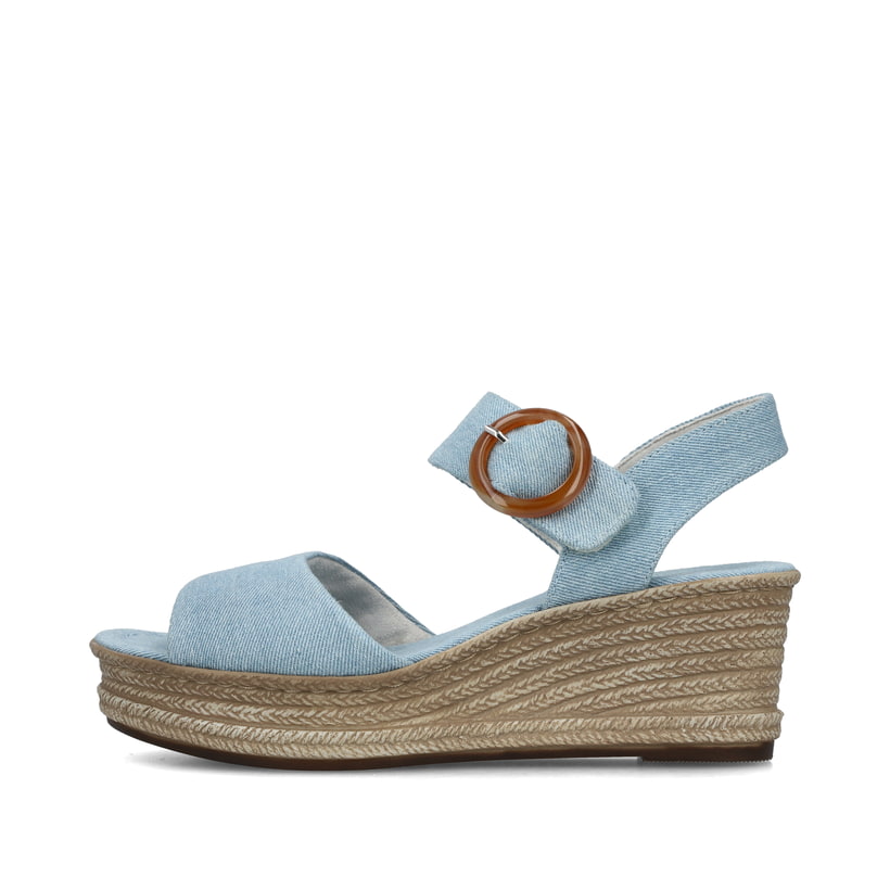 Blaue vegane Rieker Keilsandaletten 68763-10 mit trendigen Schnalle. Schuh Außenseite.