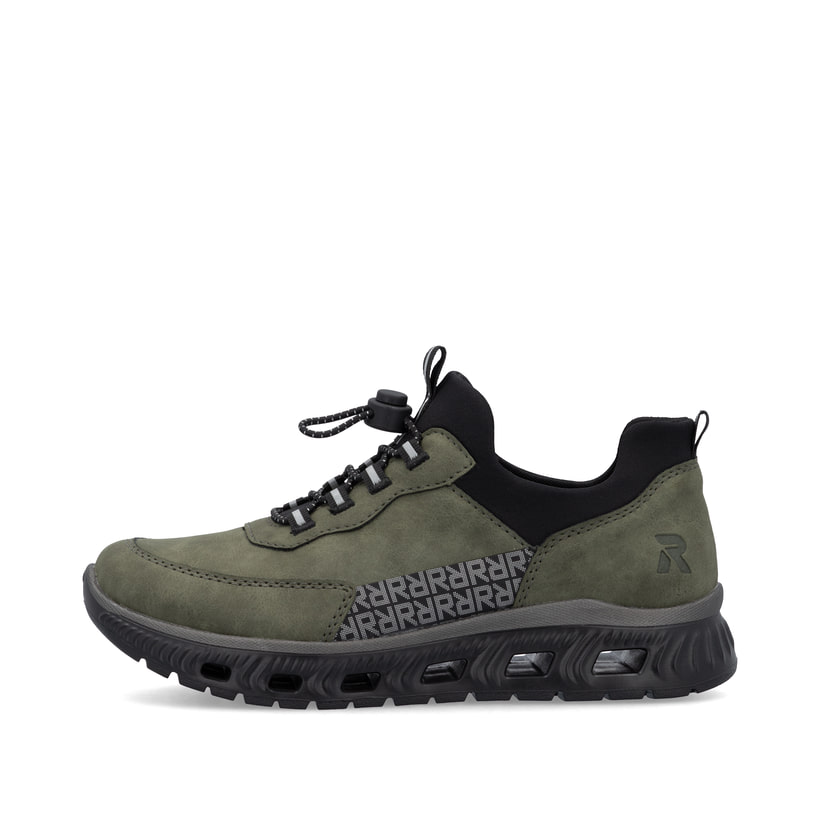 Baskets basses Rieker vertes pour femme M6058-54 avec bande élastique. Côté extérieur de la chaussure.