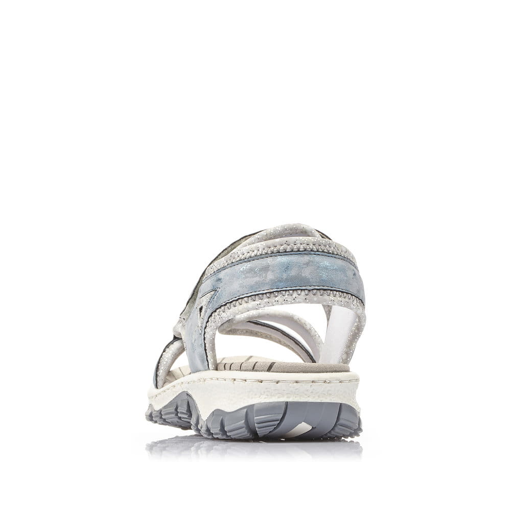 Blaue Rieker Damen Trekkingsandalen 68879-12 mit einem Klettverschluss. Schuh von hinten.