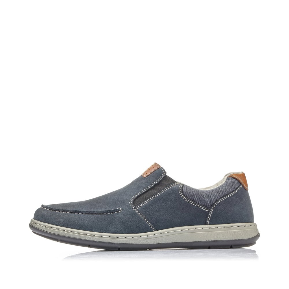 Chaussons Rieker bleus pour homme 17360-15 avec bande élastique. Côté extérieur de la chaussure.