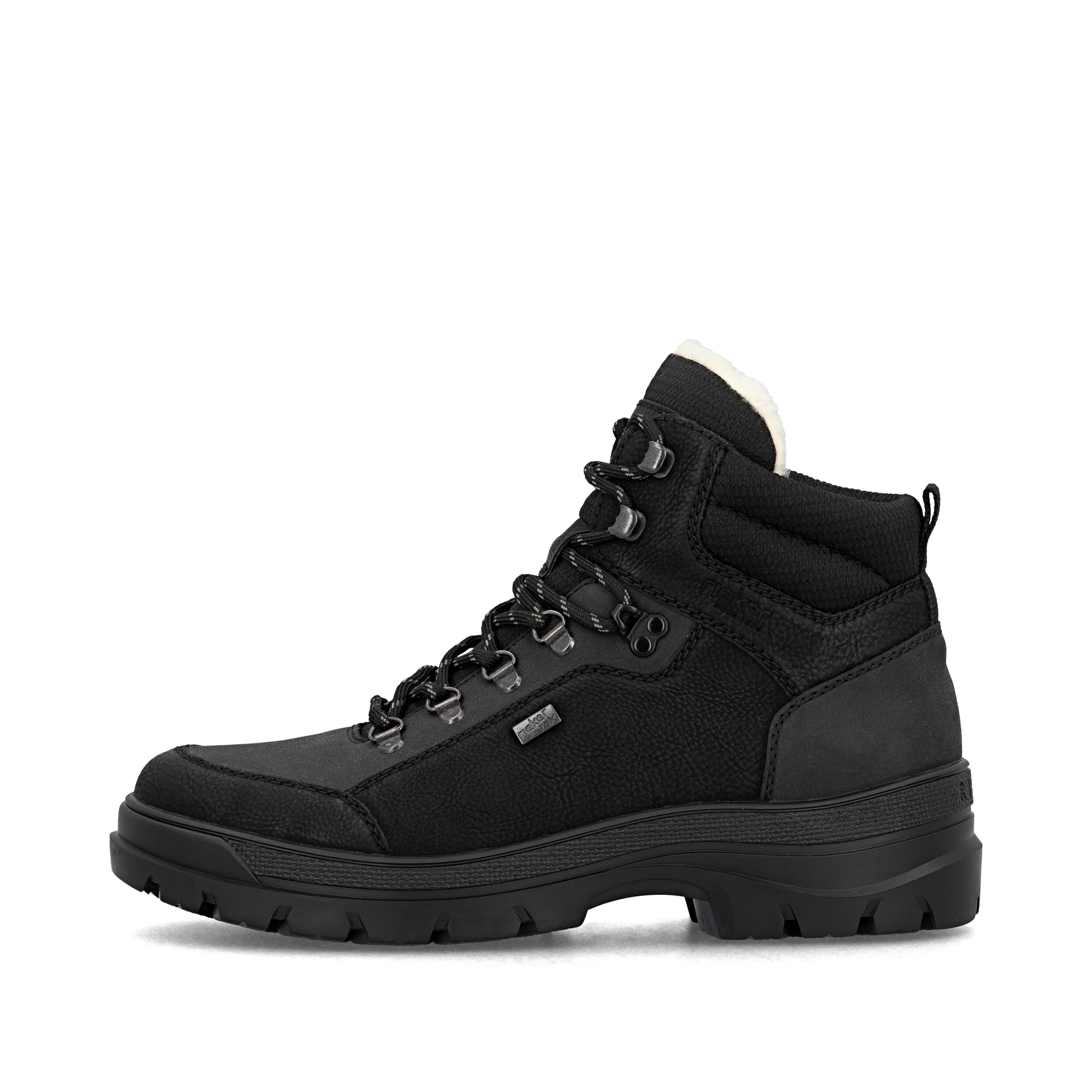 Asphaltschwarze Rieker Herren Schnürstiefel F5410-00 mit Flip-Grip Sohle mit Spikes. Schuh Außenseite