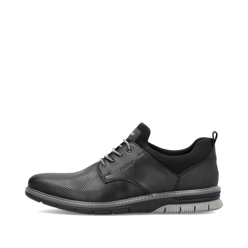 Schwarze Rieker Herren Slipper 14450-00 mit Gummizug sowie Komfortweite G 1/2. Schuh Außenseite.