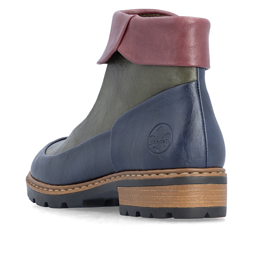 Dunkelblau-weinrote Rieker Damen Kurzstiefel Z9383-90 mit einem Reißverschluss. Schuh von hinten.