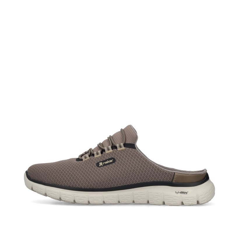 Sabots Rieker beiges pour homme B6681-64 avec bande élastique. Côté extérieur de la chaussure.