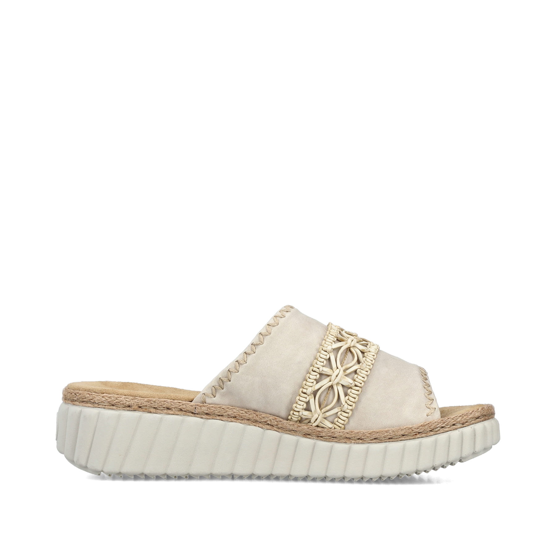 Beige Rieker Damen Pantoletten 69278-60 mit Schmuckelementen sowie Extraweite H. Schuh Innenseite.