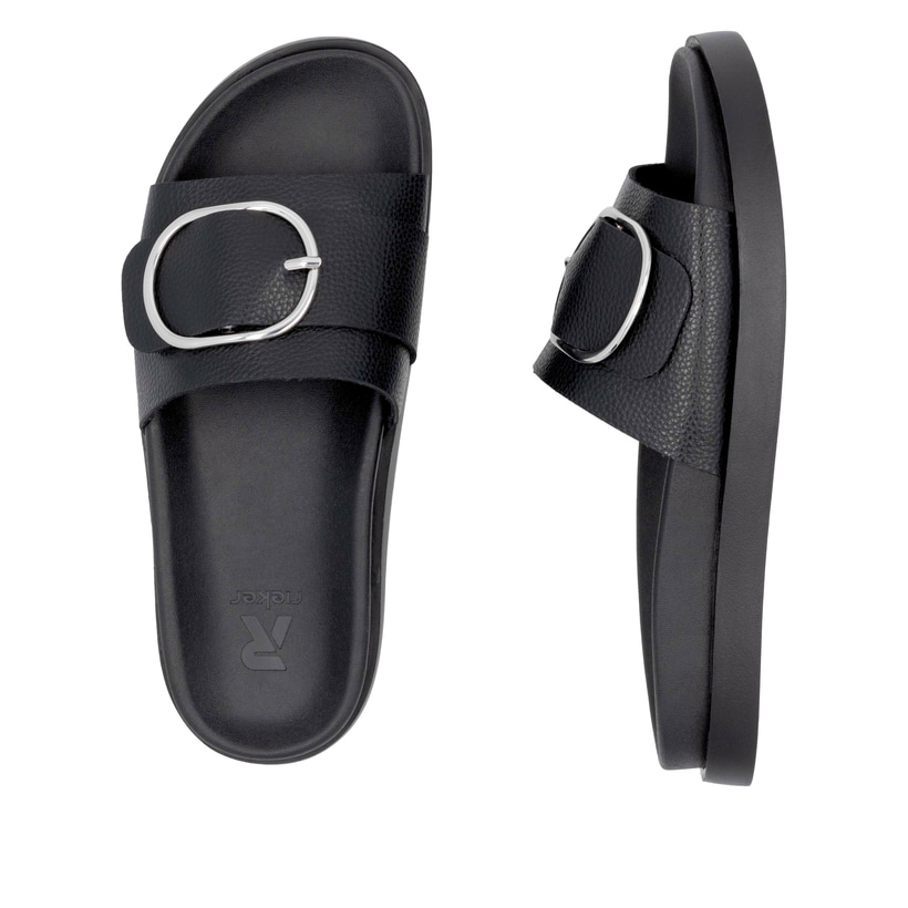 Schwarze Rieker Damen Pantoletten W1453-00 mit Gummizug sowie trendigen Schnalle. Schuh von oben, liegend.