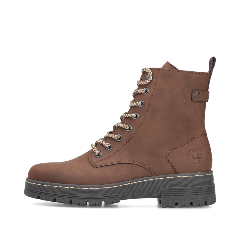 Dunkelbraune Rieker Damen Biker Boots 73850-24 mit einem Reißverschluss. Schuh Außenseite.