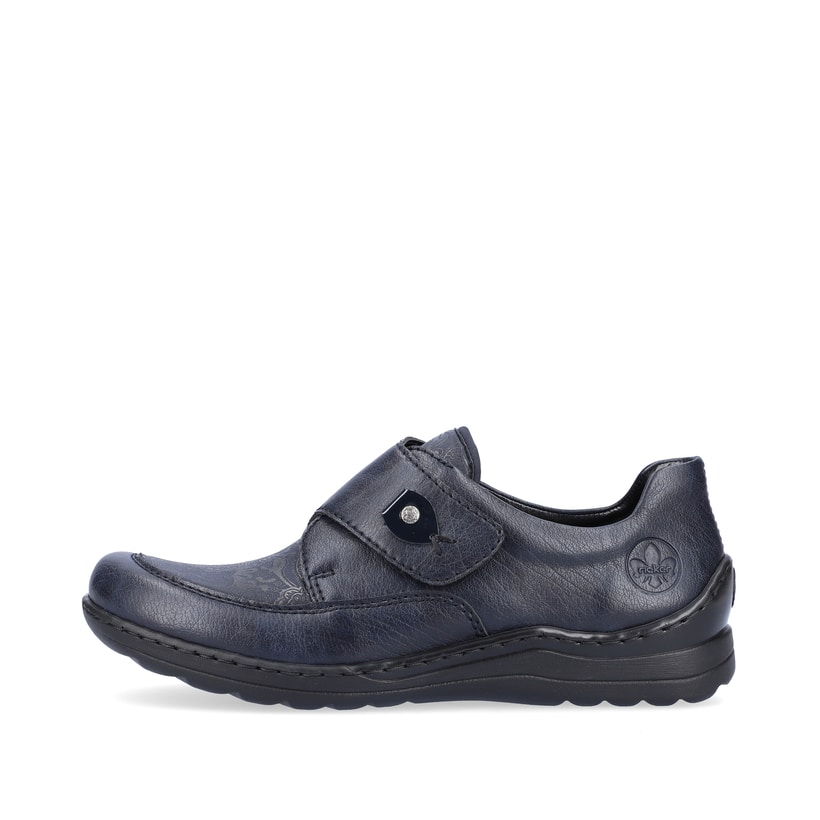 Mocassins Rieker bleus pour femmes 48951-14 avec fermeture velcro. Côté extérieur de la chaussure.