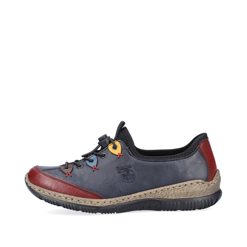 
Azurblaue Rieker Damen Slipper N3271-35 mit Gummizug sowie einer leichten Sohle. Schuh Außenseite