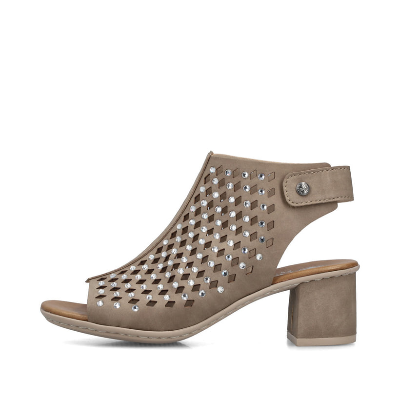 Beige Rieker Damen Sandaletten 64777-64 mit Strasssteinen sowie Klettverschluss. Schuh Außenseite.