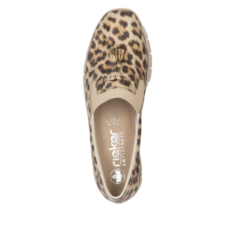 Beige Rieker Damen Loafer 53751-20 mit einem Gummizug sowie schmaler Passform E. Schuh von oben.