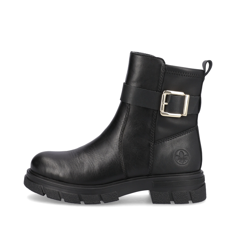 Schwarze Rieker Damen Kurzstiefel Z9174-00 mit Zierschnalle sowie Reißverschluss. Schuh Außenseite.