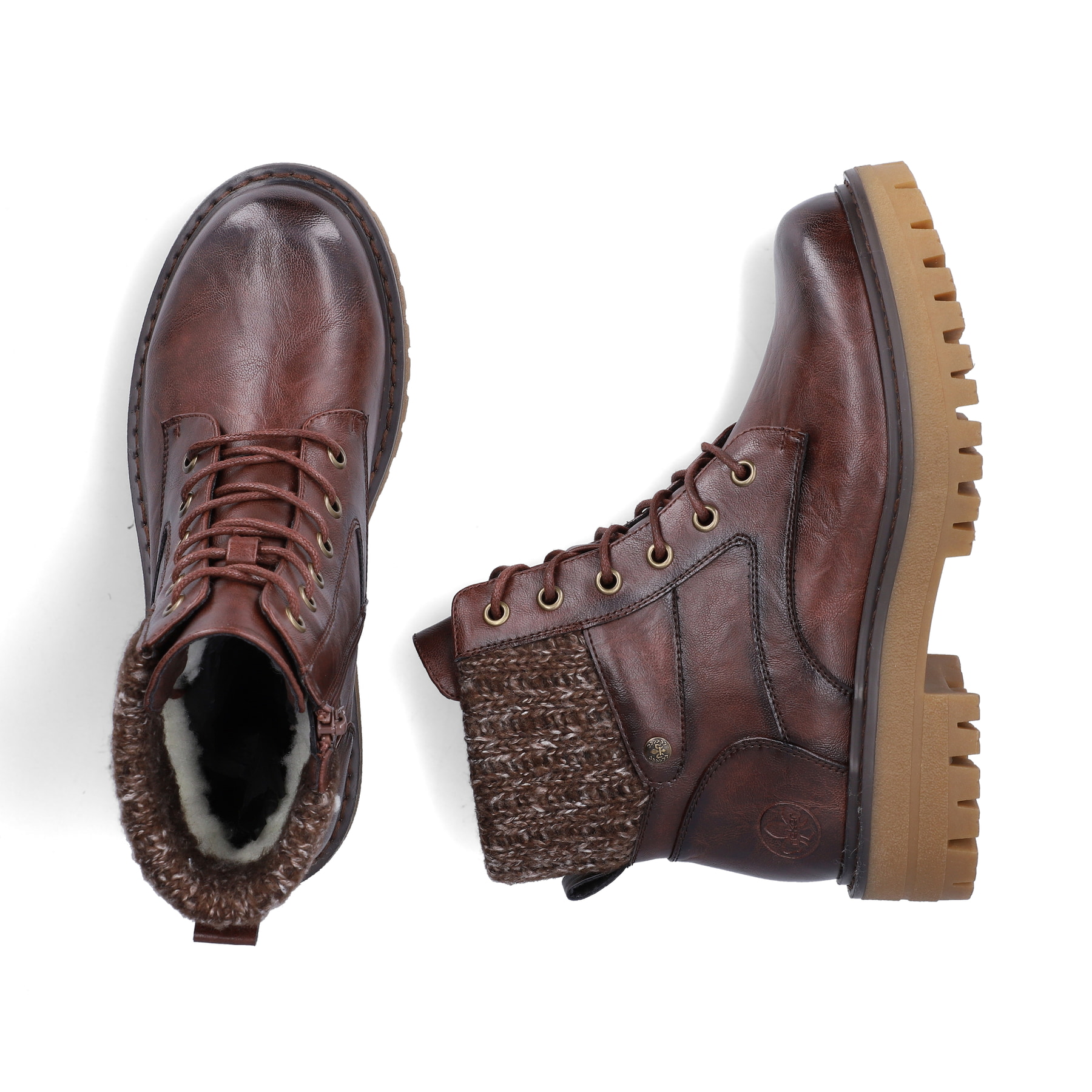 Dunkelbraune Rieker Damen Schnürstiefel 92920-25 mit einem Reißverschluss. Schuh von oben, liegend.