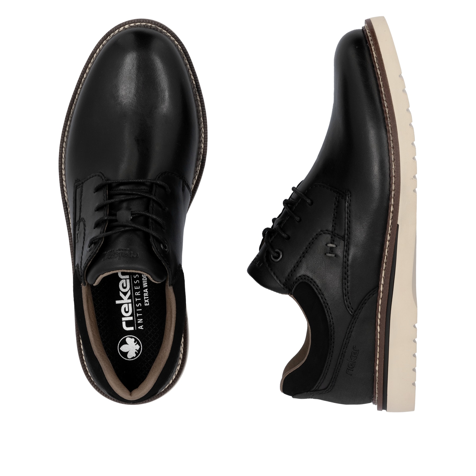 Chaussures à lacets Rieker noires pour homme 04501-00. Chaussure vue de dessus, couchée.