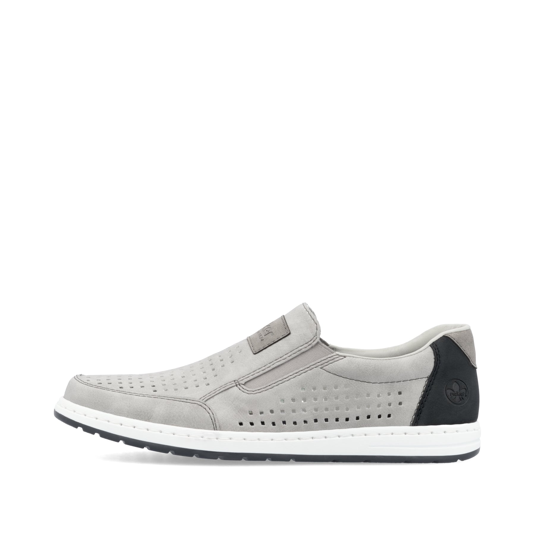 Graue Rieker Herren Slipper 18267-40 mit einem Gummizug sowie Komfortweite G 1/2. Schuh Außenseite.