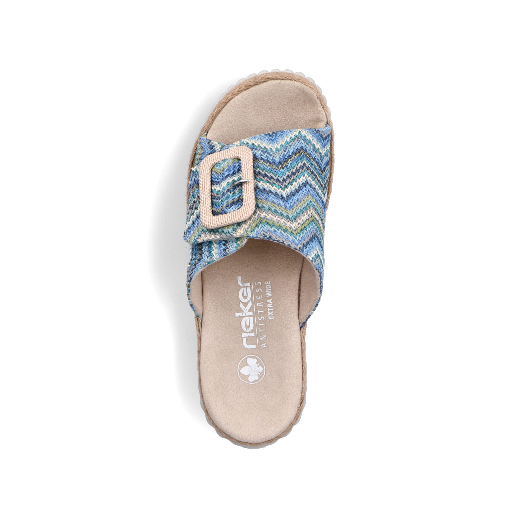 Mehrfarbige Rieker Damen Pantoletten 69253-90 mit trendigen Schnalle. Schuh von oben.