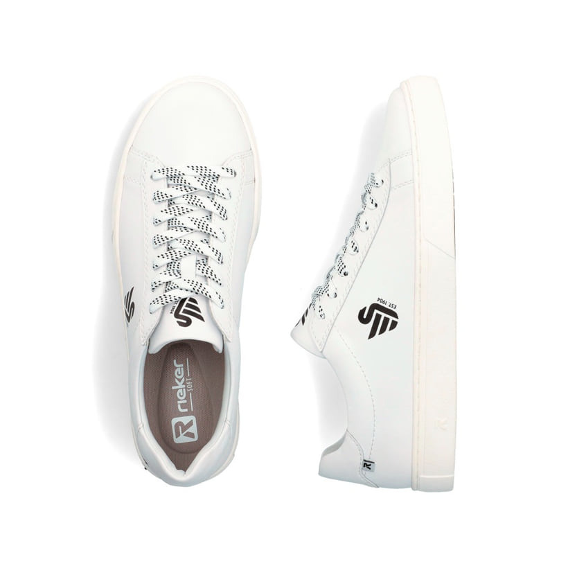 Weißer Rieker Herren Sneaker Low U0711-80 Schwenninger Wild Wings x Rieker Edition mit Eishockey-Schnürung und Wild Wings Logo. Schuh von oben, liegend.