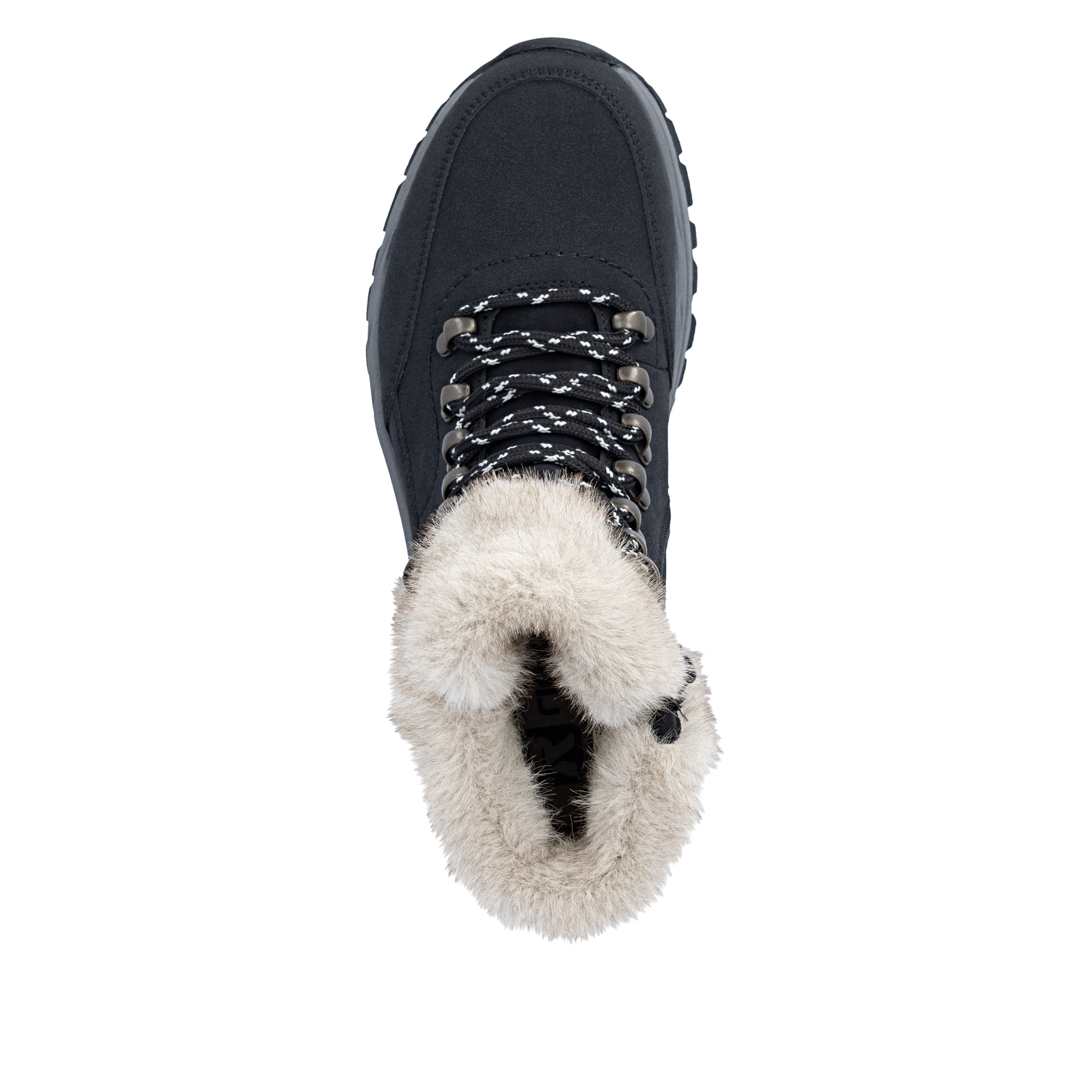 Schwarz-beige Rieker Damen Schnürstiefel Z3971-00 aus Rauleder mit Glacier Grip. Schuh von oben.