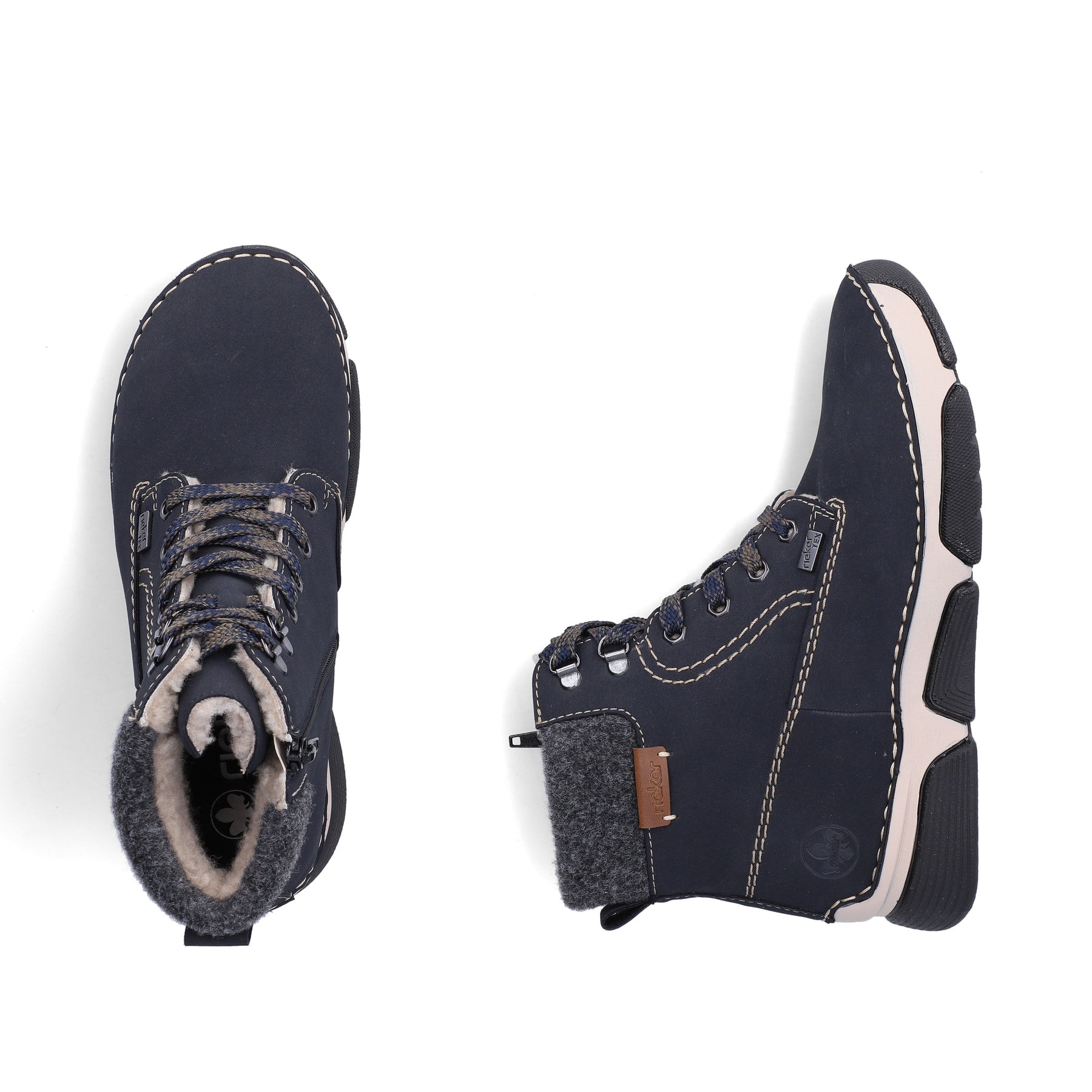 Dunkelblaue Rieker Damen Schnürstiefel 45925-14 mit einem Reißverschluss. Schuh von oben, liegend.