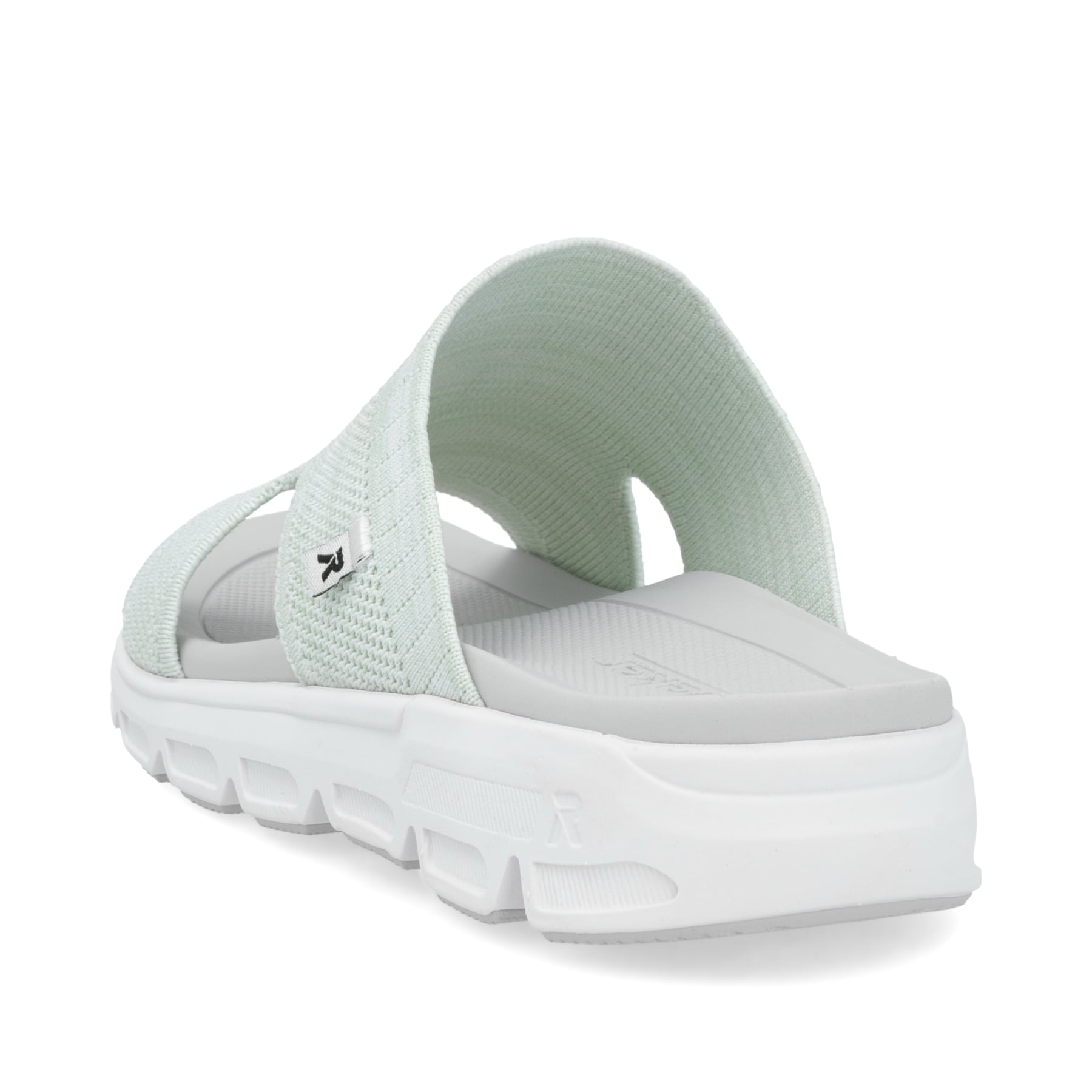 Rosane waschbare Rieker Damen Pantoletten V8451-53 mit einem Gummizug. Schuh von hinten.