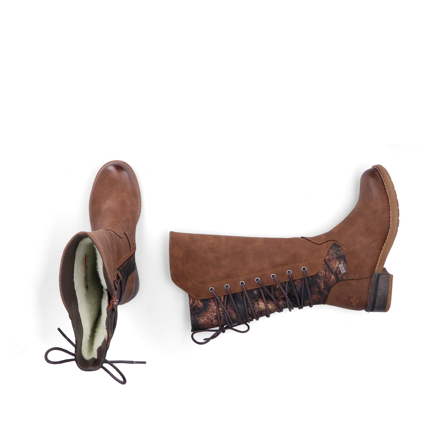 Braune Rieker Damen Hochschaftstiefel 94693-24 mit wasserabweisender TEX-Membran. Schuh von oben, liegend.